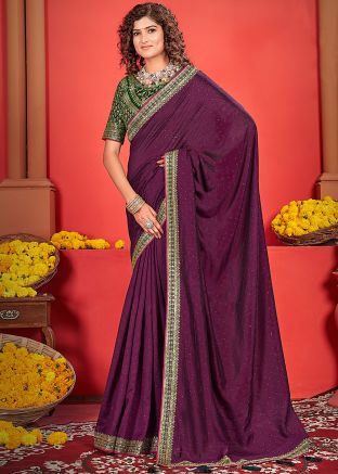 Purple Stone Work Saree In Art Silk