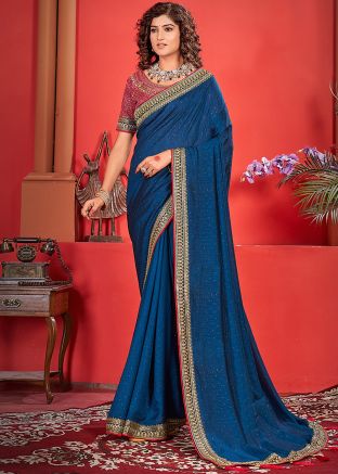 Blue Art Silk Stone Embellished Saree