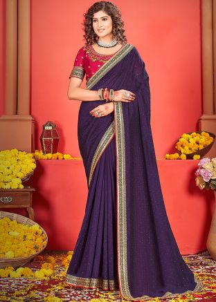 Embroidered Art Silk Saree In Purple
