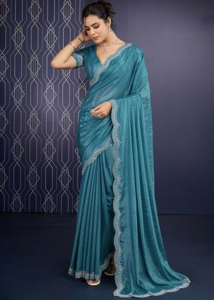 Teal Blue Stone Embellished Georgette Saree