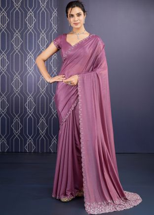 Mauve Pink Stone Work Saree With Blouse