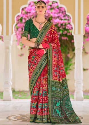 Red Printed Saree In Silk