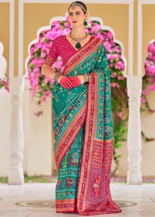 Green Silk Saree In Printed Woven
