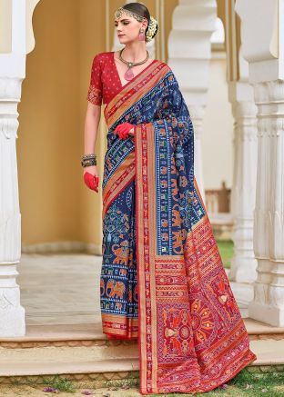 Blue Printed Saree In Silk