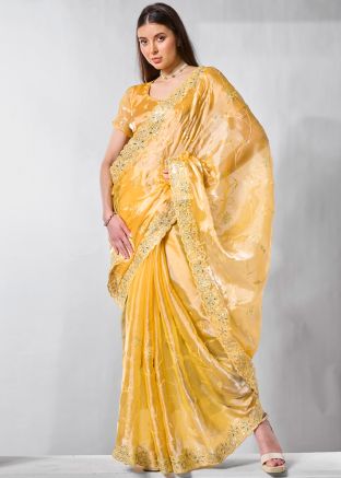 Yellow Embroidered Saree In Organza
