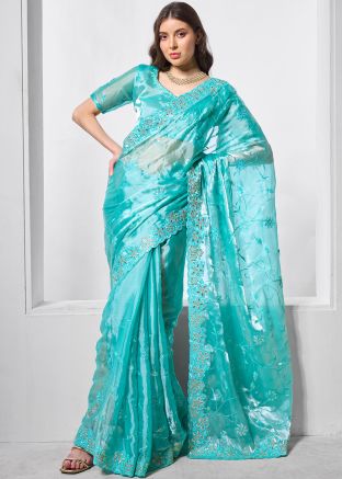 Blue Embroidered Saree In Organza