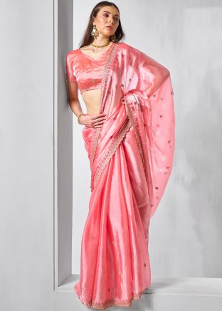 Pink Embroidered Organza Saree