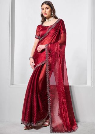 Red Organza Embroidered Saree