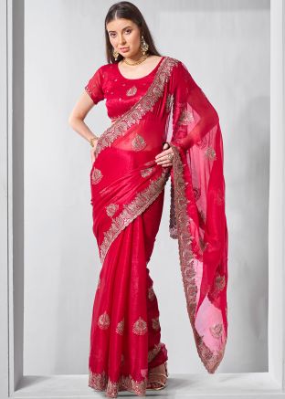 Red Zari Embroidered Chiffon Saree