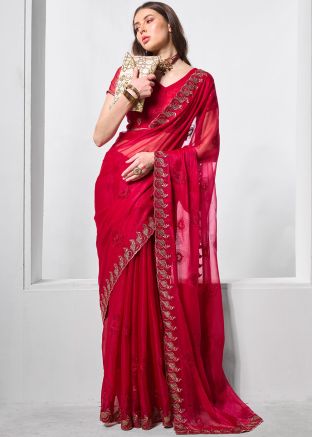 Red Stone Embellished Chiffon Saree