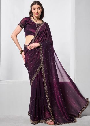 Wine Chiffon Saree In Stone Work