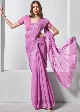 Purple Embroidered Chiffon Saree