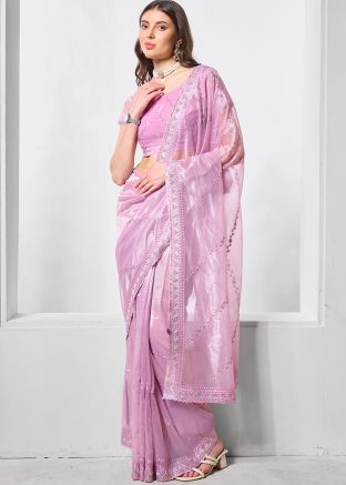 Lavender Purple Embroidered Tissue Saree