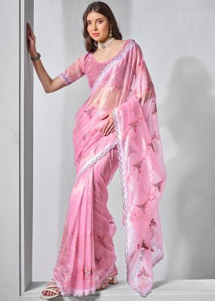 Pink Stone Work Tissue Saree