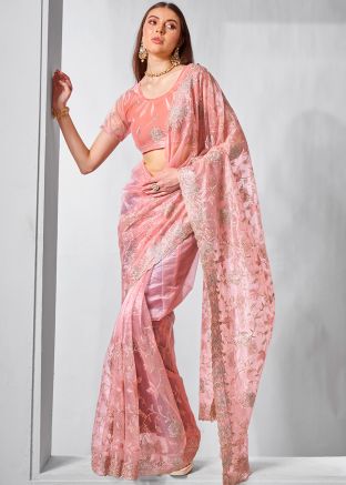Peach Embroidered Saree In Tissue