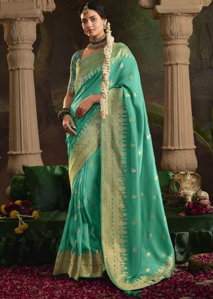 Turquoise Art Silk Woven Saree