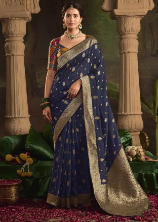 Navy Blue Zari Woven Saree & Blouse