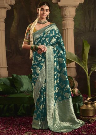 Teal Blue Woven Saree In Art Silk