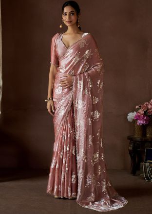 Dusty Pink Foil Print Satin Silk Saree