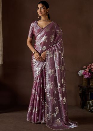 Mauve PInk Satin Silk Saree In Foil Print 