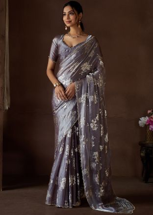 Grey Satin Silk Saree In Foil Print 