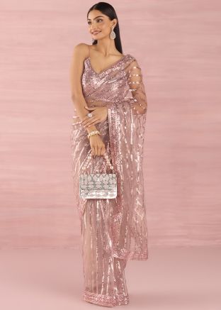 Pink Sequins Embellished Net Saree