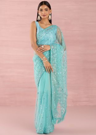 Blue Mirror Embellished Net Saree