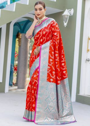 Red Zari Woven Saree In Satin Silk