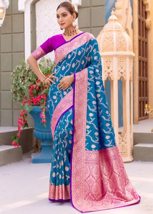 Teal Blue Zari Woven Satin Silk Saree