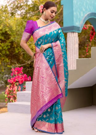 Blue Satin Silk Zari Woven Saree
