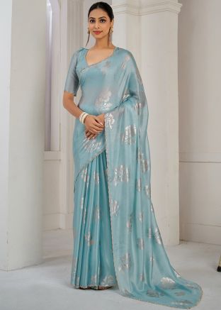 Blue Satin Saree In Foil Print