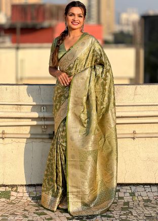 Green Zari Woven Saree In Art Silk