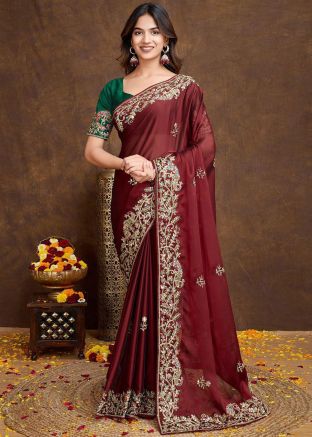 Maroon Embroidered Art Silk Saree With Blouse