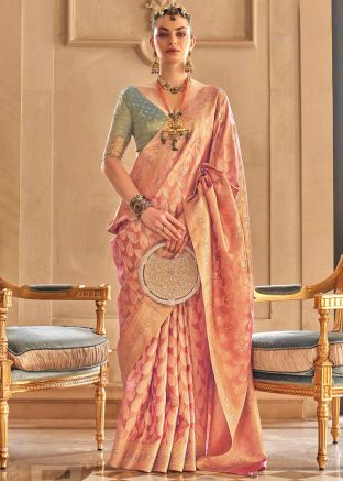 Peach Zari Woven Saree In Tissue