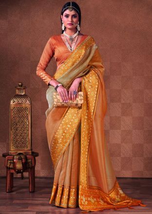 Yellow Printed Saree In Silk