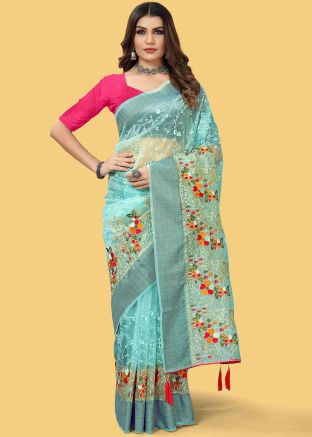 Blue Thread Embroidered Organza Saree