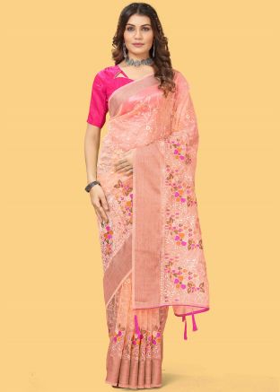 Light Orange Embroidered Saree In Organza