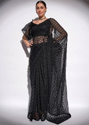 Black Sequins Embellished Georgette Saree