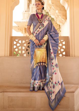 Blue Printed Art Silk Saree