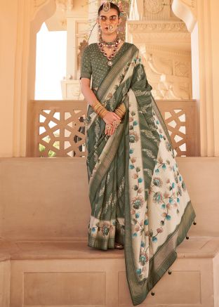 Green Printed Art Silk Saree