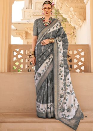 Grey Printed Art Silk Saree