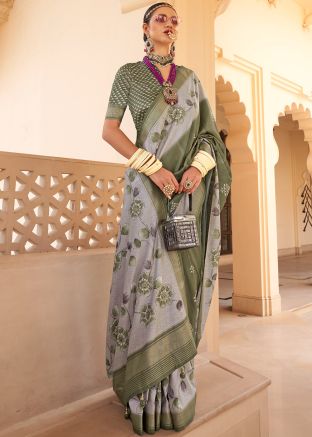 Green & Grey Printed Saree In Art Silk