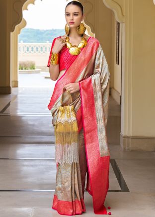 Grey Zari Woven Saree With Blouse