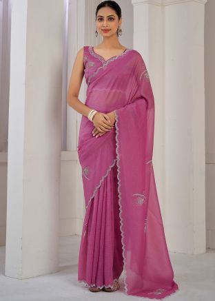 Pink Stone Work Saree In Silk