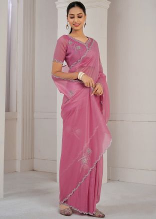 Pink Stone Work Saree In Silk