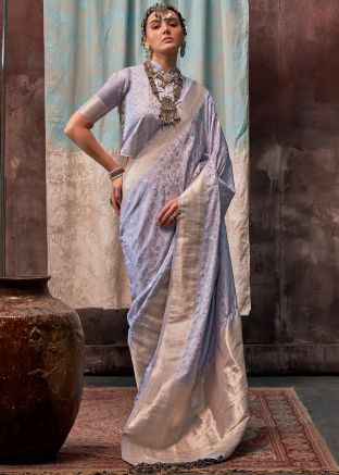 Periwinkle Blue Woven Satin Saree