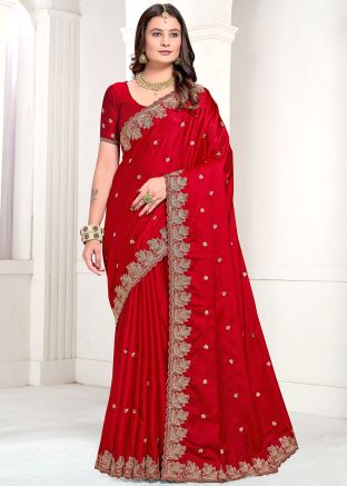 Red Satin Saree In Zari Embroidery