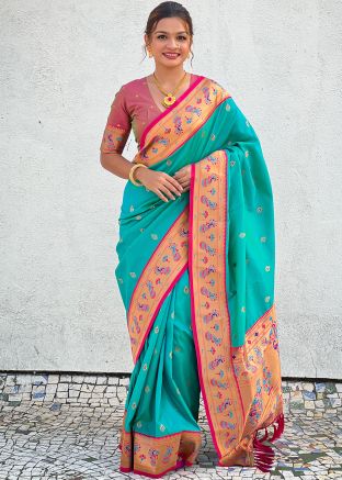 Turquoise Zari Woven Silk Saree