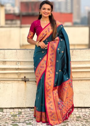 Blue Silk Saree In Zari Woven Work