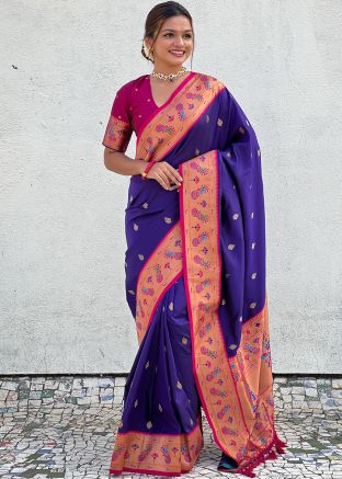 Purple Zari Woven Saree In Silk